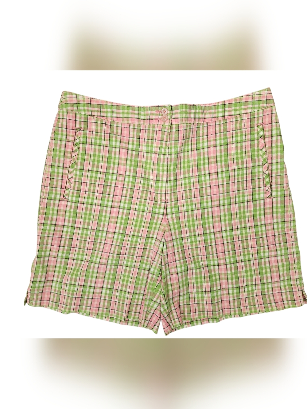 LIZ CLAIBORNE Lizgolf 'Audra" Pink & Green Plaid High Rise Shorts | SZ 12